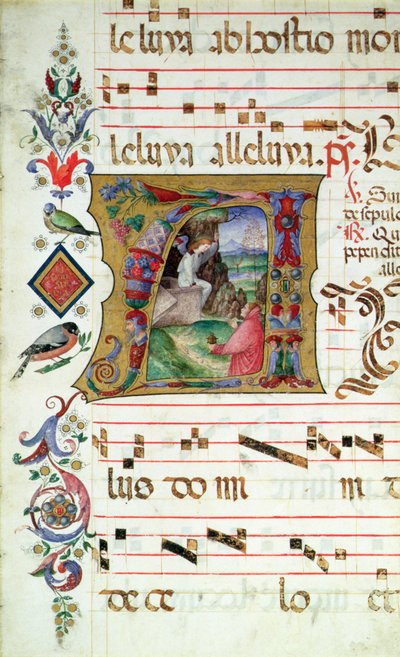 Inicial historiada A que representa a María Magdalena en la tumba de Cristo de Matteo da Milano Matteo da Milano